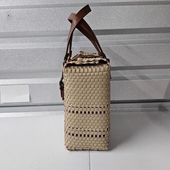 Handmade Woven Straw Handbag‎ Purse Top Handle Satchel Bag Beige Brown Medium MX - Picture 8 of 14